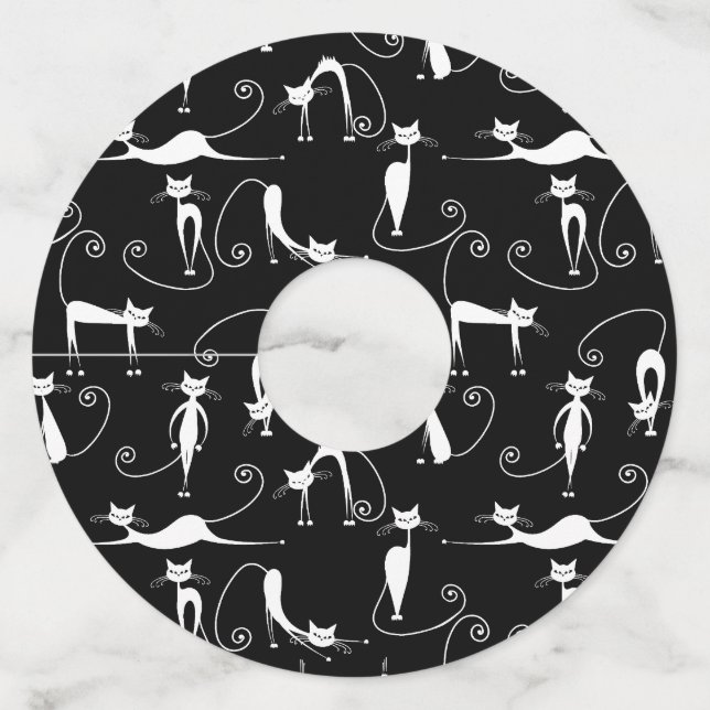 Whimsical Skinny white Cat Pattern Wine Glass Tag (Front)