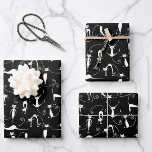 Whimsical Skinny white Cat Pattern Wrapping Paper Sheets