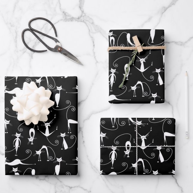 Whimsical Skinny white Cat Pattern Wrapping Paper Sheets (Front)