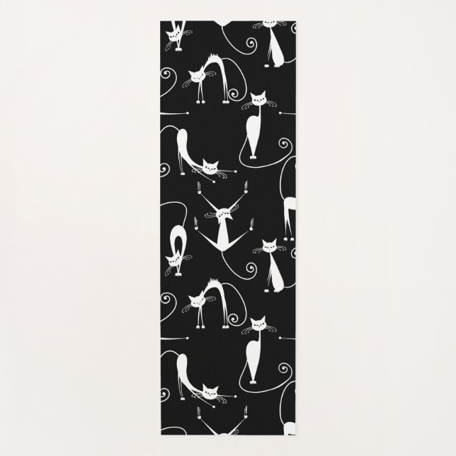 Whimsical Skinny white Cat Pattern Yoga Mat (Front)