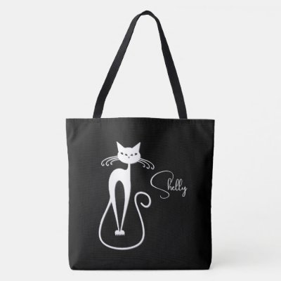 Whimsical Skinny White Cat Personal Black