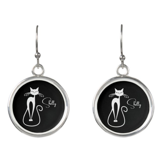 Whimsical Skinny White Cat Personal Earrings (Front)