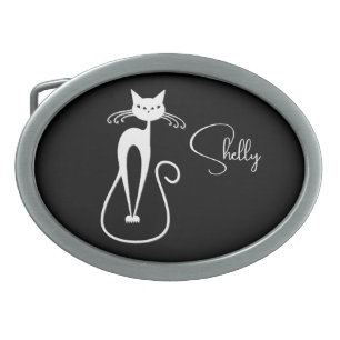 Whimsical Skinny White Cat Personal Pink Belt Buckle