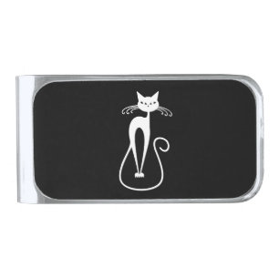 Whimsical Skinny White Cat Silver Finish Money Clip