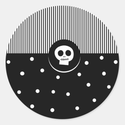 Whimsical Skull Black  White Polka Dots  Stripes Classic Round Sticker