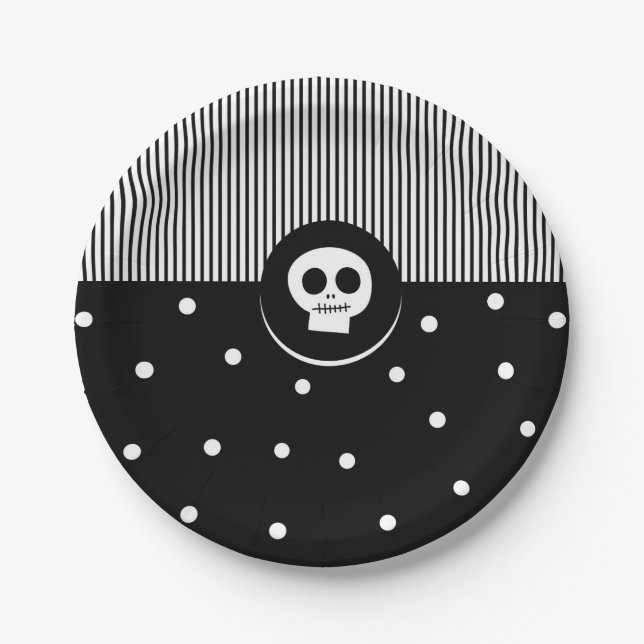 Whimsical Skull Black & White Polka Dots & Stripes Paper Plates (Front)