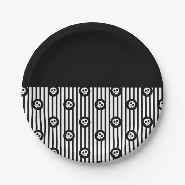 Whimsical Skull Black & White Skulls Halloween Paper Plates (Front)
