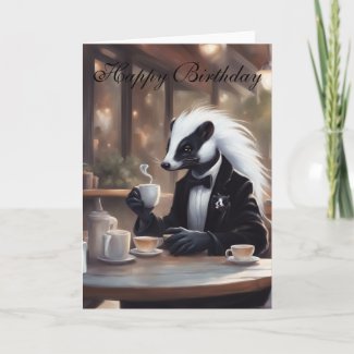 Whimsical Skunk in a coffee shop birthday Card