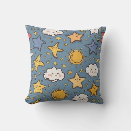 Whimsical Sky Characters Pattern Throw Pillow