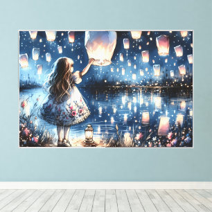 Whimsical Sky Lantern Lake Girl Canvas Print