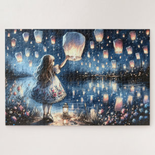 Whimsical Sky Lantern Lake Girl Jigsaw Puzzle
