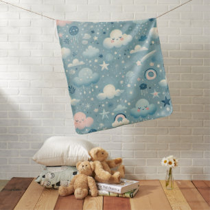 Whimsical Sky Pattern with Clouds, Stars - Blue Baby Blanket