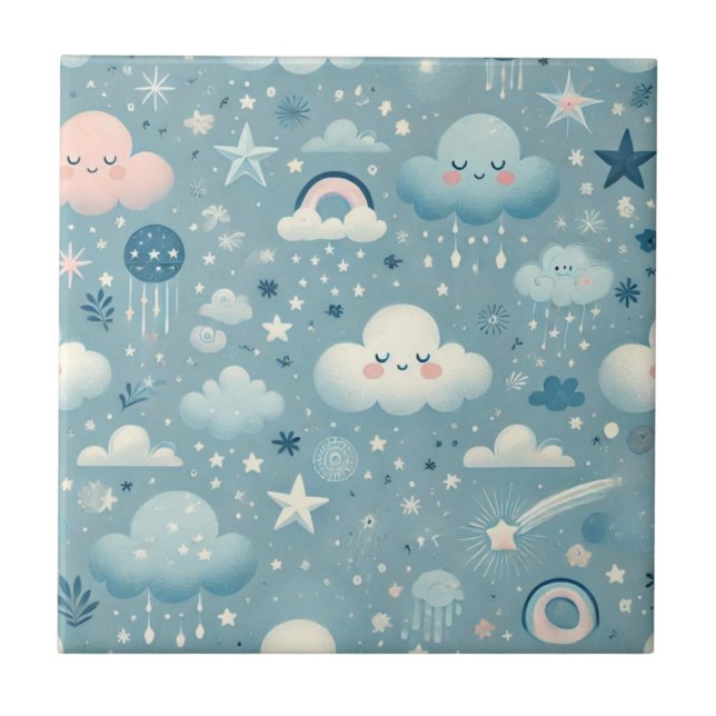 Whimsical Sky Pattern with Clouds, Stars - Blue Ceramic Tile (Front)