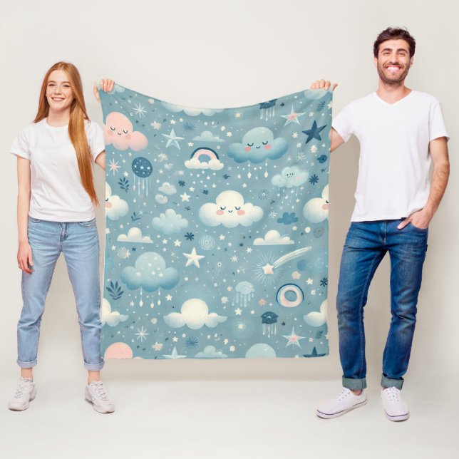 Whimsical Sky Pattern with Clouds, Stars - Blue Fleece Blanket (In Situ)
