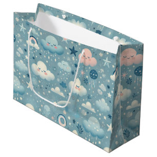 Whimsical Sky Pattern with Clouds, Stars - Blue Large Gift Bag