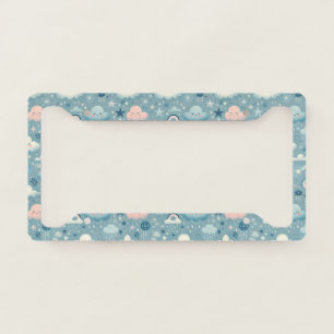 Whimsical Sky Pattern with Clouds, Stars - Blue License Plate Frame