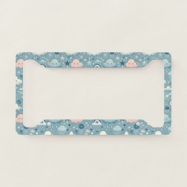 Whimsical Sky Pattern with Clouds, Stars - Blue License Plate Frame (Front)