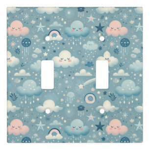 Whimsical Sky Pattern with Clouds, Stars - Blue Light Switch Cover