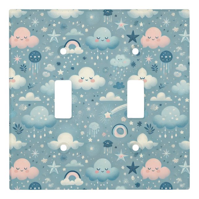 Whimsical Sky Pattern with Clouds, Stars - Blue Light Switch Cover (Front)