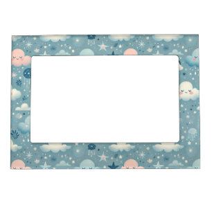 Whimsical Sky Pattern with Clouds, Stars - Blue Magnetic Frame