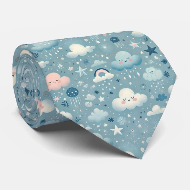 Whimsical Sky Pattern with Clouds, Stars - Blue Neck Tie (Rolled)