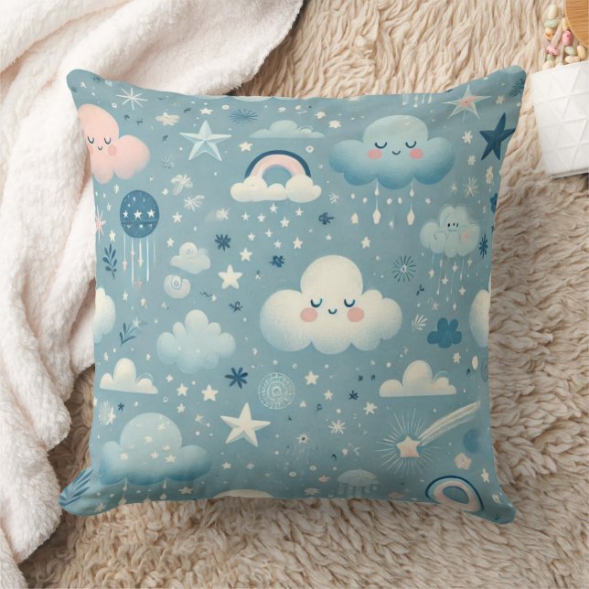 Whimsical Sky Pattern with Clouds, Stars - Blue Throw Pillow (Blanket)