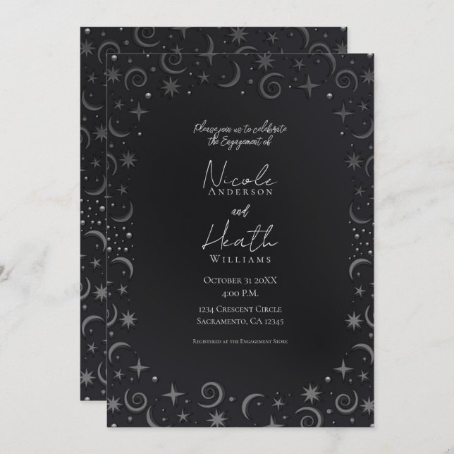 Whimsical Sky Swirls Silver Celestial Engagement Invitation (Front/Back)