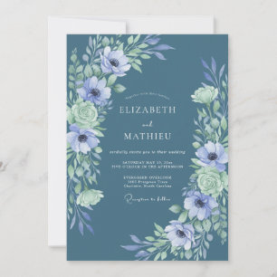 Whimsical Slate Periwinkle Anemone Wedding Invitation