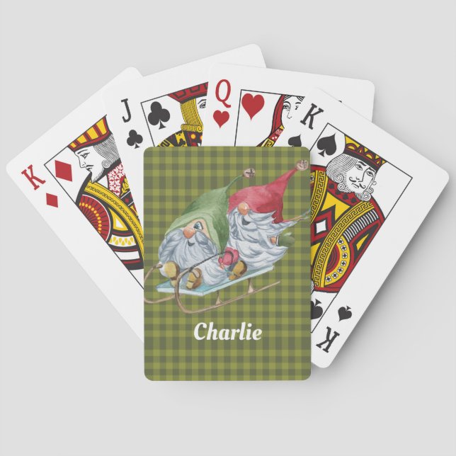 Whimsical Sledding Gnomes Personalized  Poker Cards (Back)