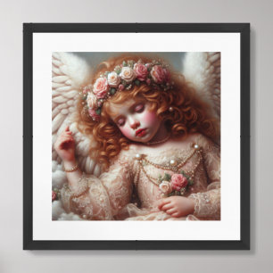 Whimsical sleeping angel with red curly hair framed art