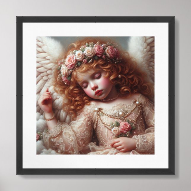 Whimsical sleeping angel with red curly hair framed art (Framed Front)