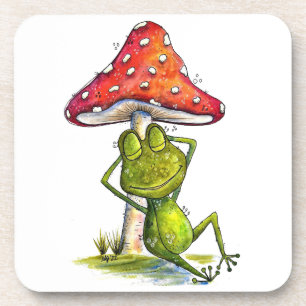 Whimsical Sleeping Frog Under a Mushroom Beverage Coaster