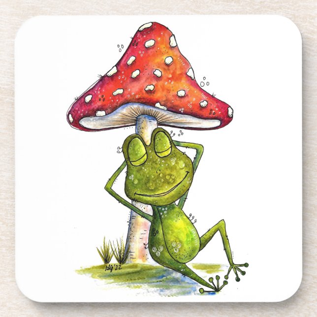 Whimsical Sleeping Frog Under a Mushroom Beverage Coaster (Front)