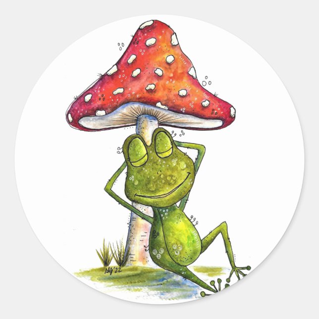 Whimsical Sleeping Frog Under a Mushroom Classic Round Sticker (Front)