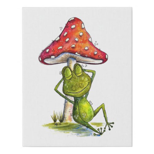 Whimsical Sleeping Frog Under a Mushroom Faux Canvas Print
