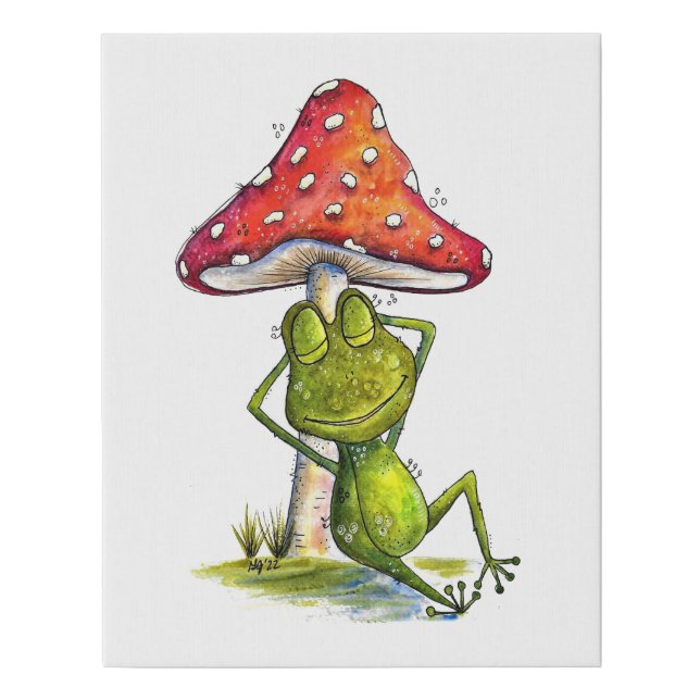 Whimsical Sleeping Frog Under a Mushroom Faux Canvas Print (Front)
