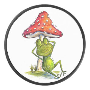 Whimsical Sleeping Frog Under a Mushroom Hockey Puck