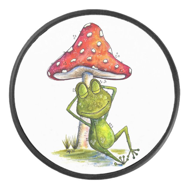 Whimsical Sleeping Frog Under a Mushroom Hockey Puck (Front)