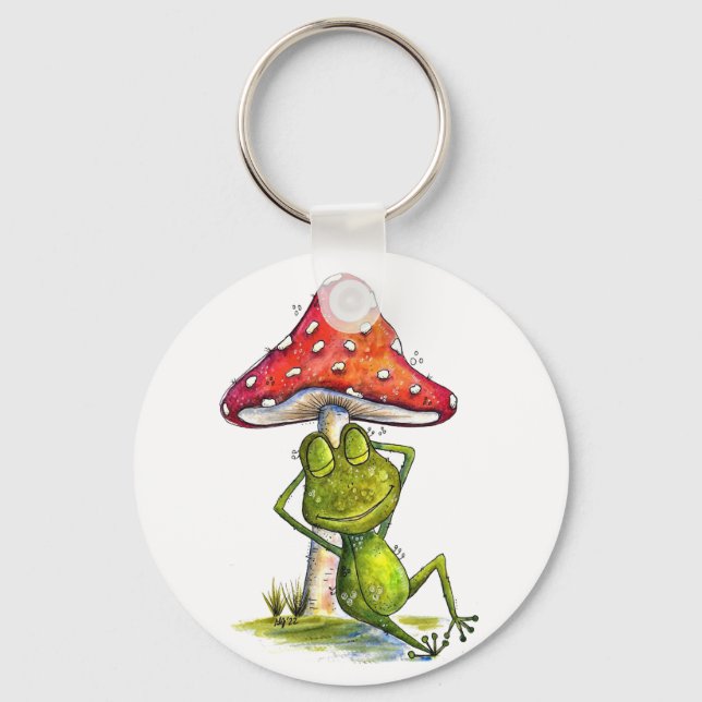 Whimsical Sleeping Frog Under a Mushroom Keychain (Front)