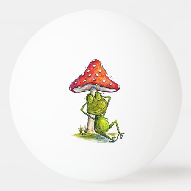 Whimsical Sleeping Frog Under a Mushroom Ping Pong Ball (Front)