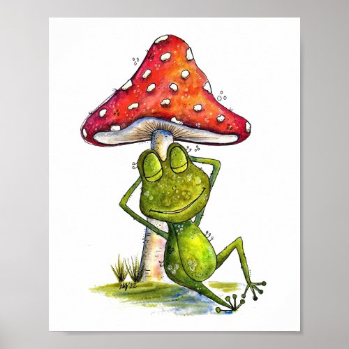 Whimsical Sleeping Frog Under a Mushroom Poster