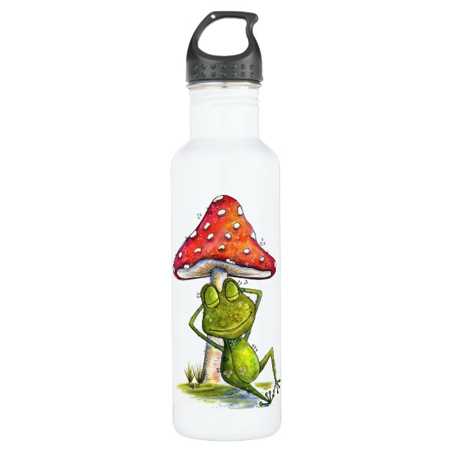 Whimsical Sleeping Frog Under a Mushroom Stainless Steel Water Bottle (Front)