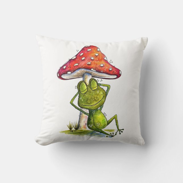 Whimsical Sleeping Frog Under a Mushroom Throw Pillow (Front)