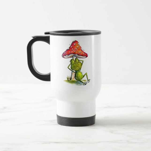Whimsical Sleeping Frog Under a Mushroom Travel Mug (Left)