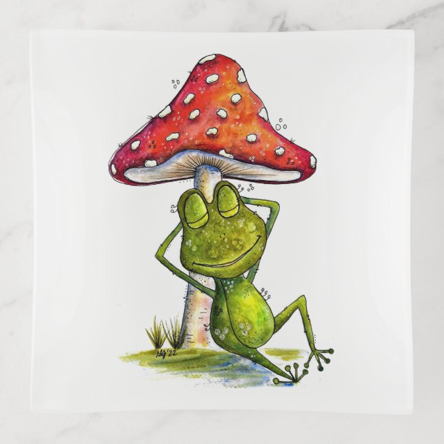 Whimsical Sleeping Frog Under a Mushroom Trinket Tray (Front)