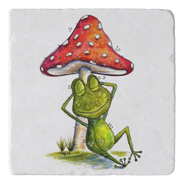 Whimsical Sleeping Frog Under a Mushroom Trivet (Front)
