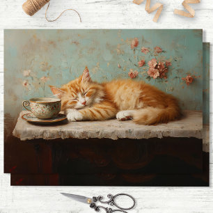 Whimsical Sleeping Orange Cat Painting Decoupage Tissue Paper