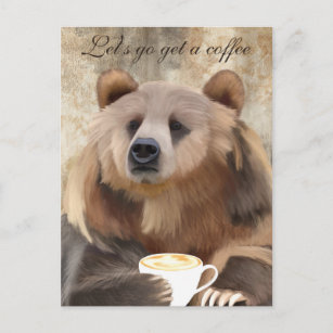 Whimsical Sleepy Coffee Drinking Bear Postcard