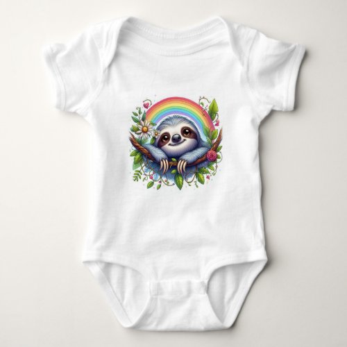 Whimsical sleepy sloth design with rainbow baby bodysuit