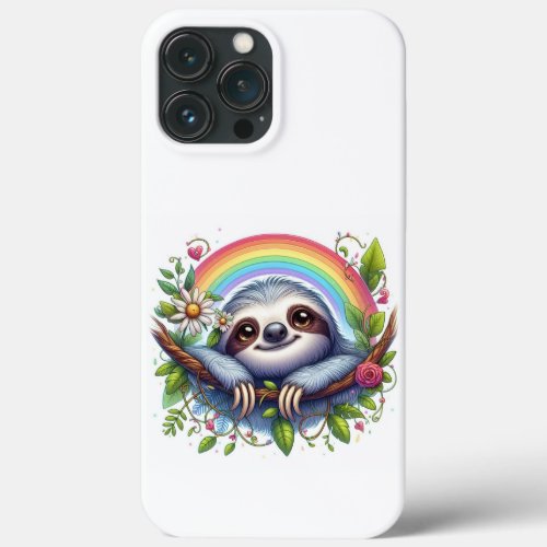 Whimsical sleepy sloth design with rainbow iPhone 13 pro max case